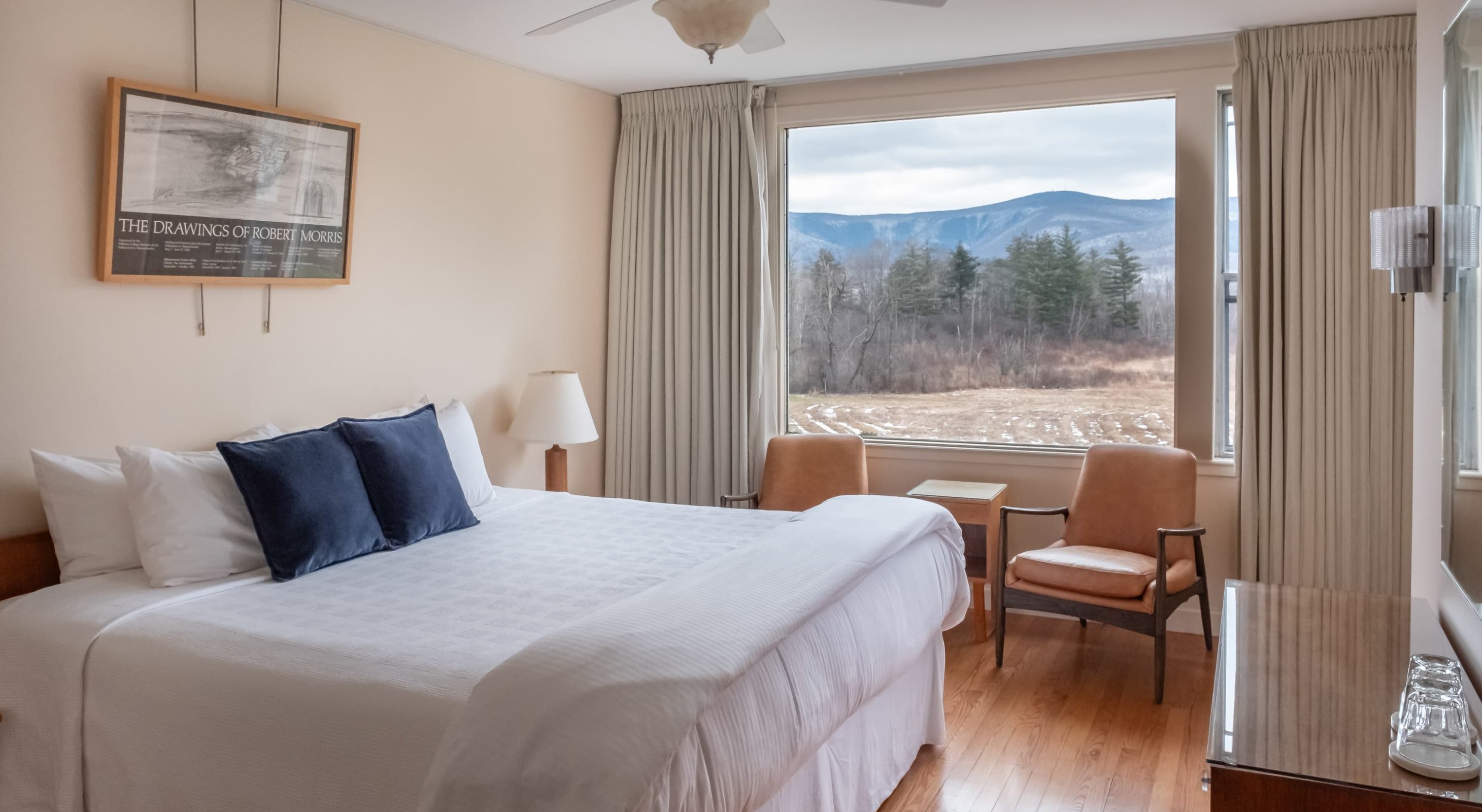 King bed and views of Mount Greylock in East Room