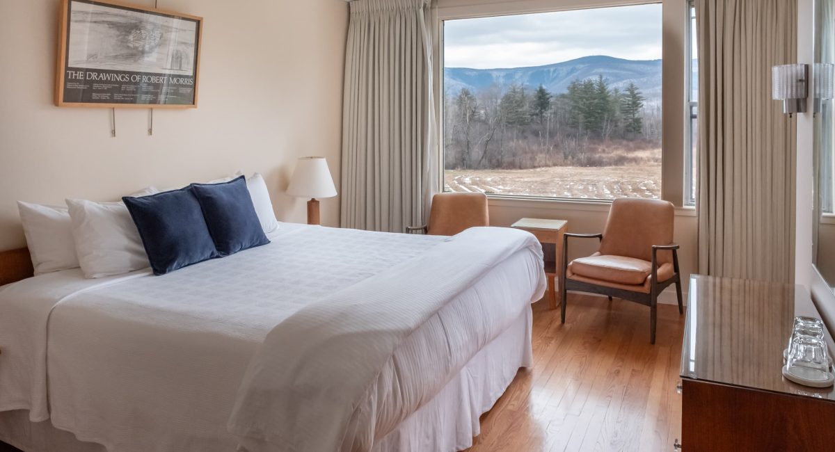 King bed and views of Mount Greylock in East Room