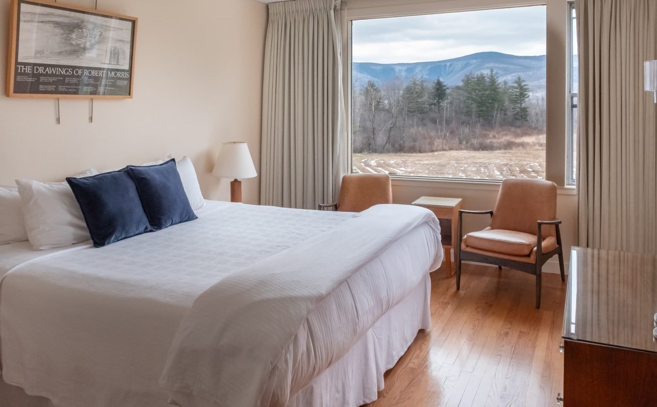 King bed and views of Mount Greylock in East Room