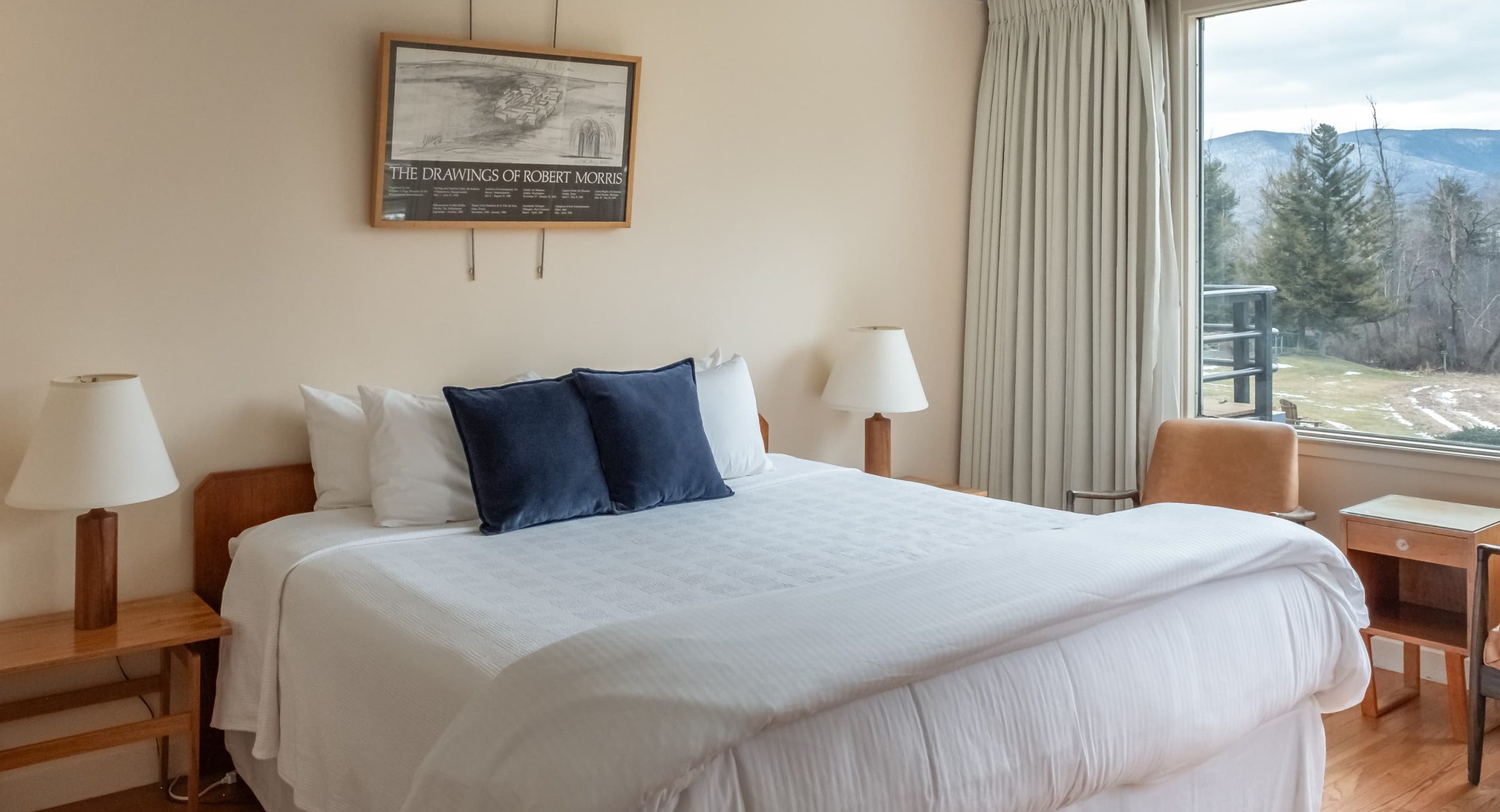 King bed and views of Mount Greylock in East Room
