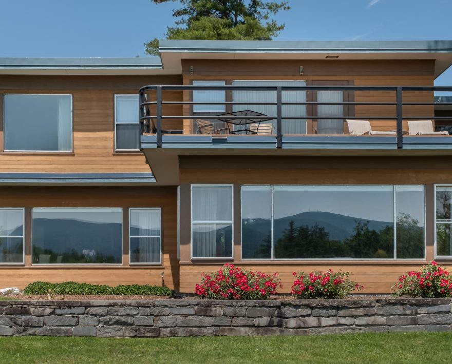 Exterior with reflection of mountains at our Williamstown, MA inn