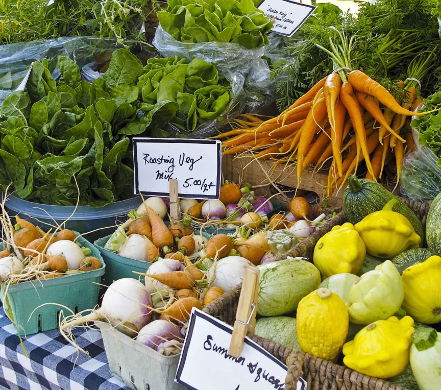 Fresh produce at farmers market table