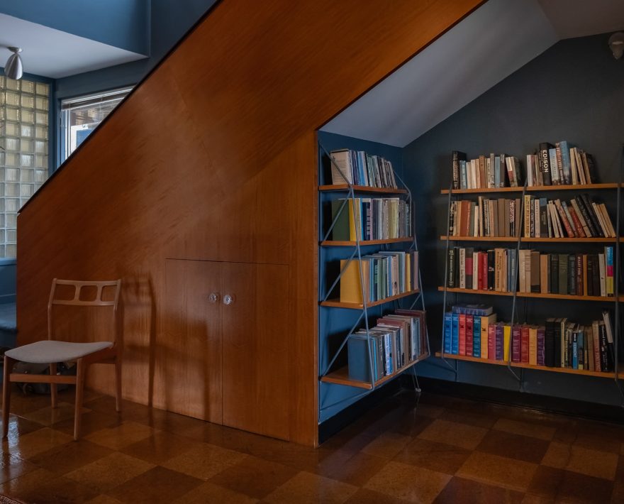 Book shelves in a common space at our Williamstown inn