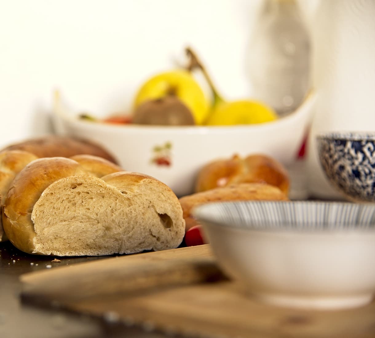 Challah bread on breakfast table