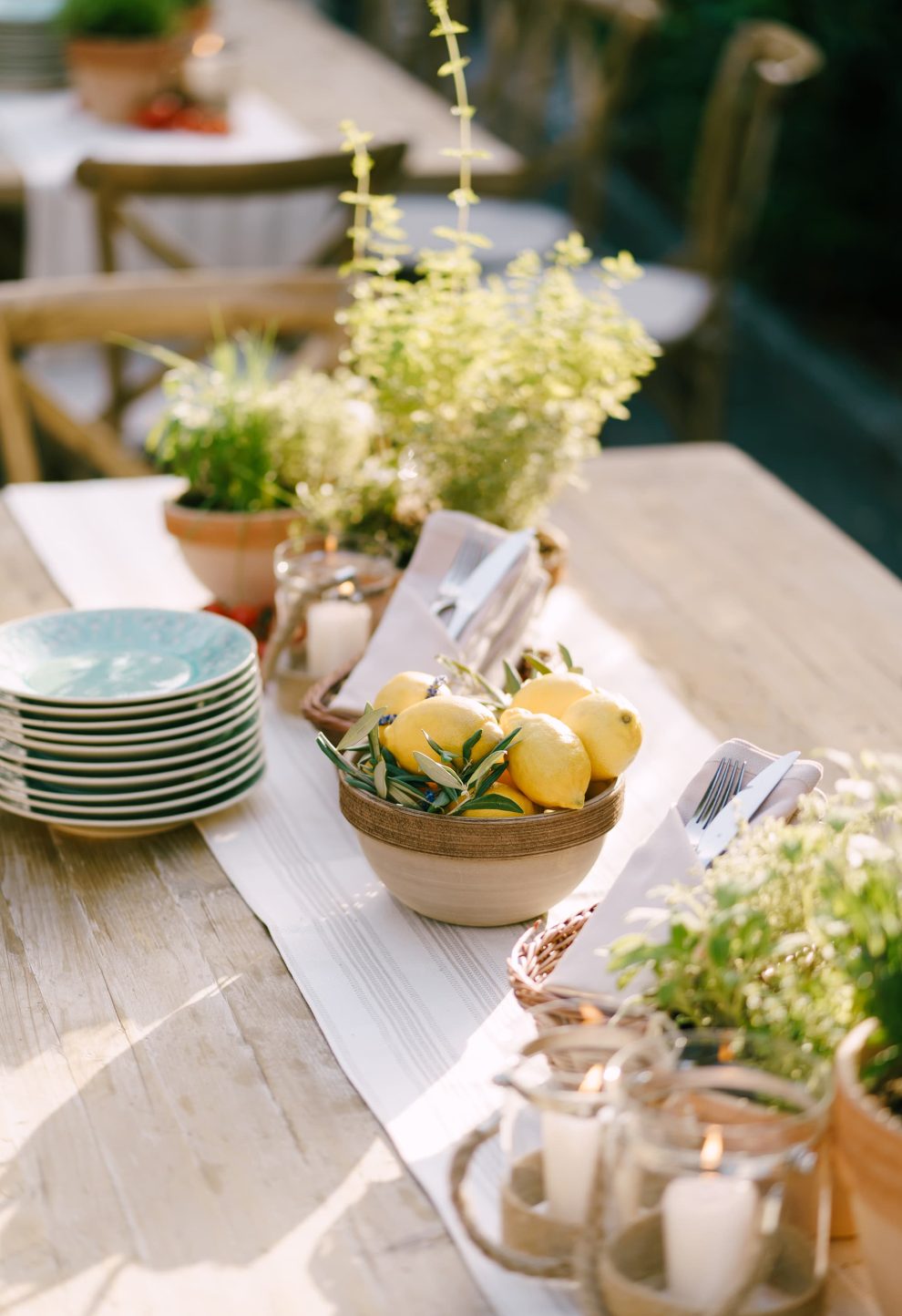 Table set for meal at outdoor event